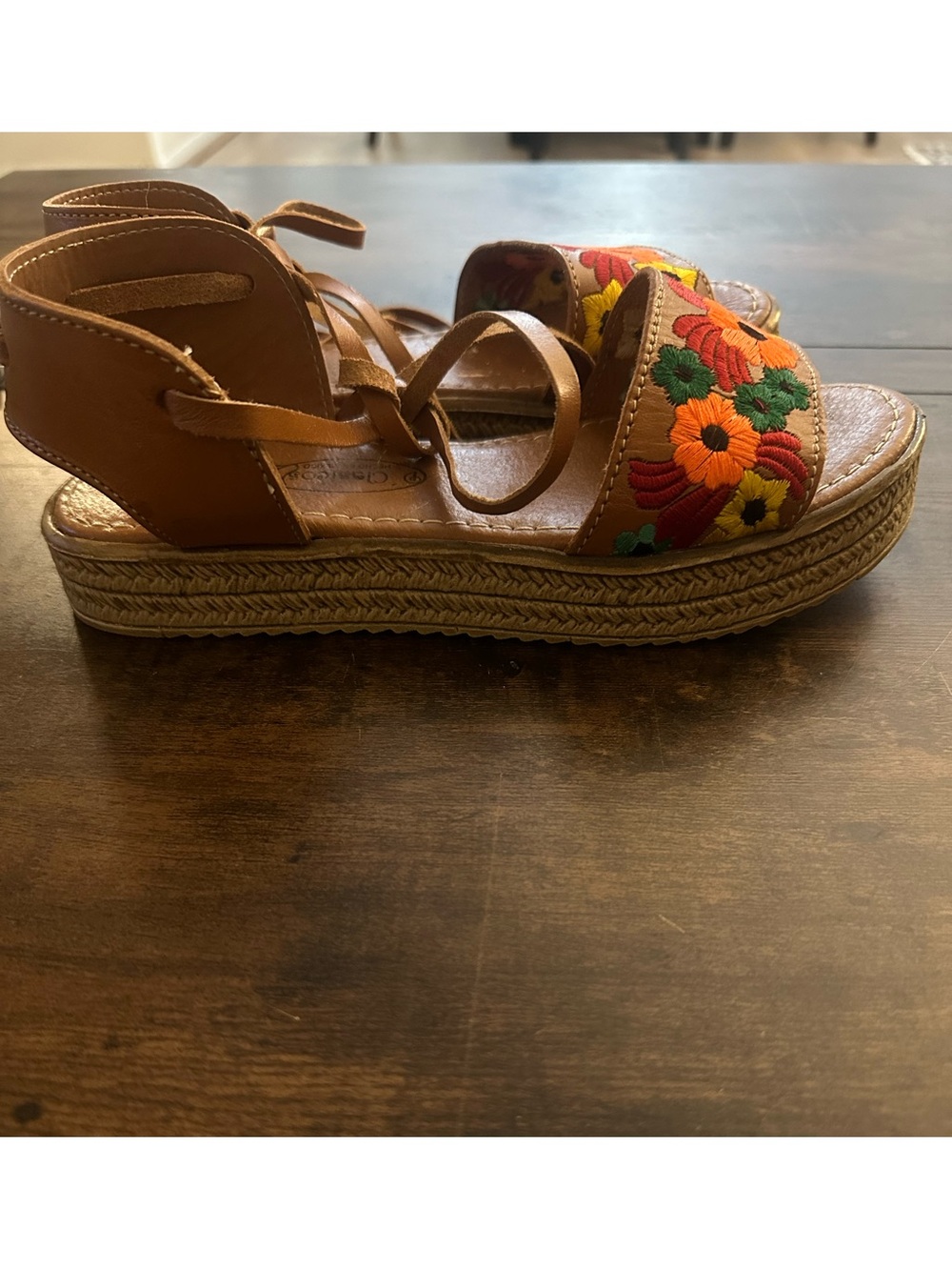 Embroidered Floral Tan Platform Sandal - Women